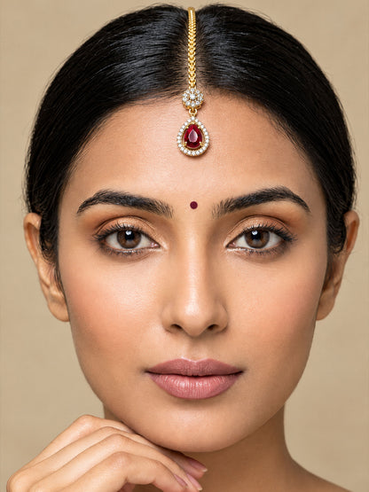 Gold Plated Red AD Maang Tikka for Women