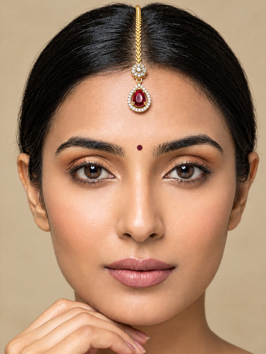 Gold Plated Red AD Maang Tikka for Women