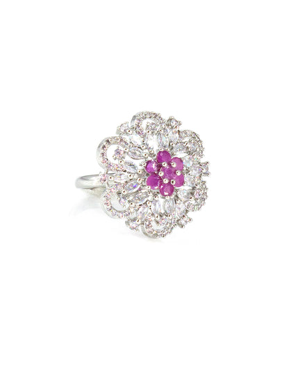 Silver-Plated AD Ruby Cocktail Adjustable Finger Ring