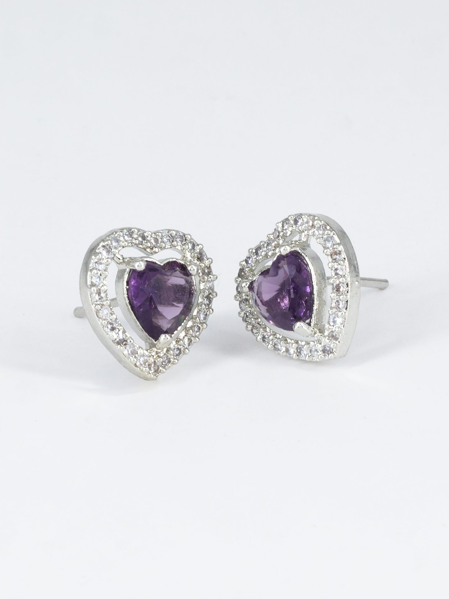 Silver Plated Purple American Diamond Heart Stud Earrings for Women