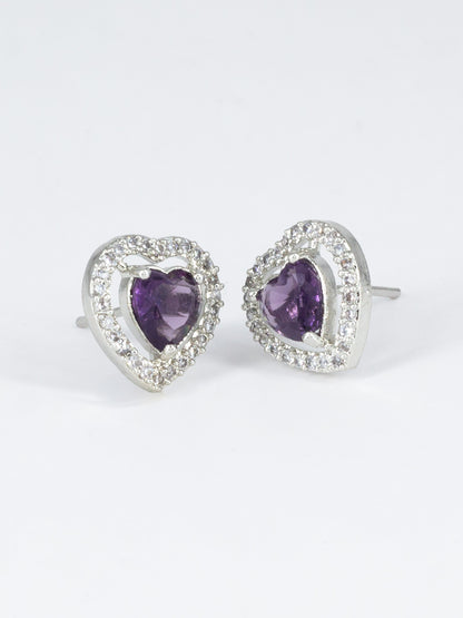 Silver Plated Purple American Diamond Heart Stud Earrings for Women