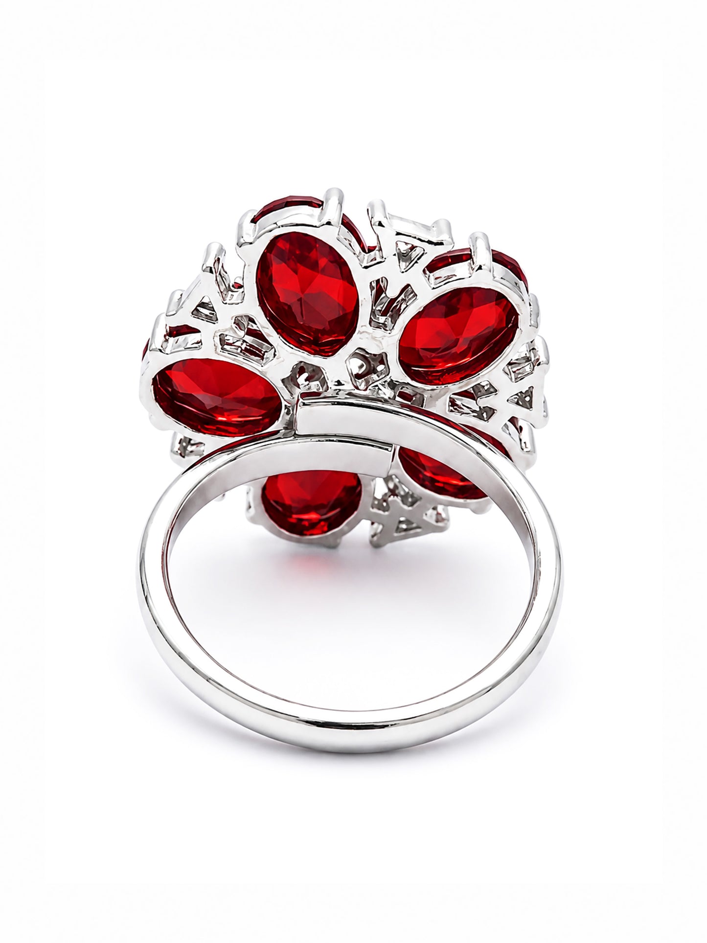 Rhodium Plated Red AD Floral Finger Ring for Women