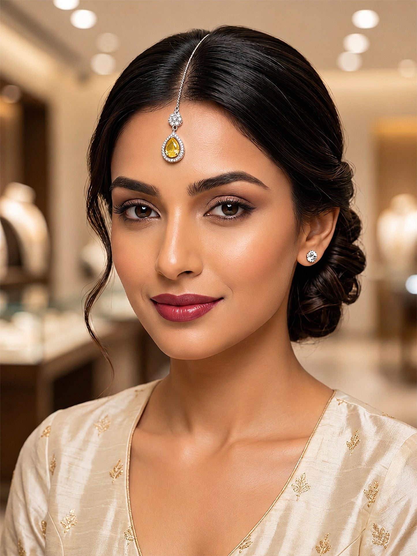 Silver Plated Yellow AD Maang Tikka for Girls