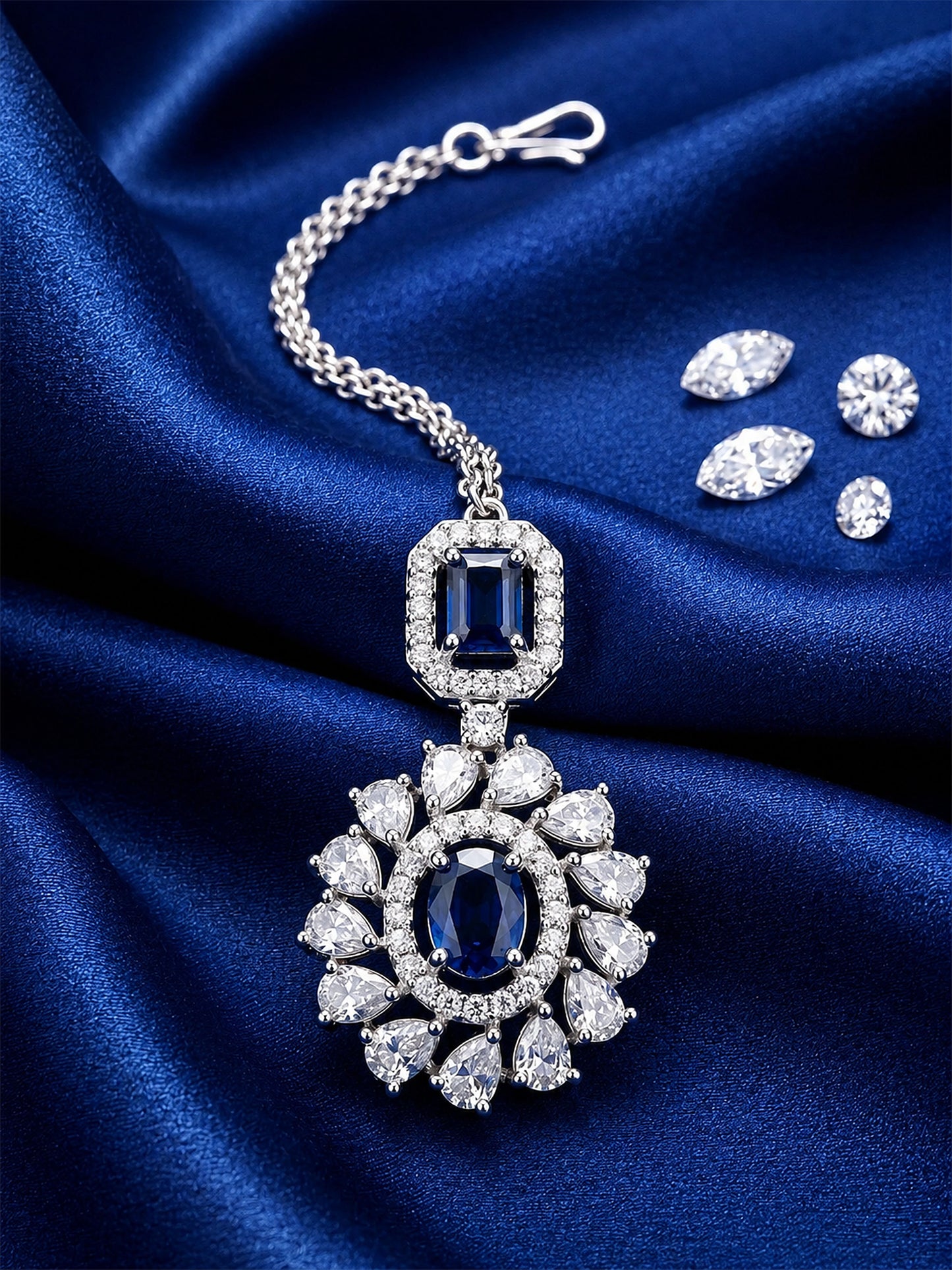 Silver Plated Blue AD Maang Tikka for Women