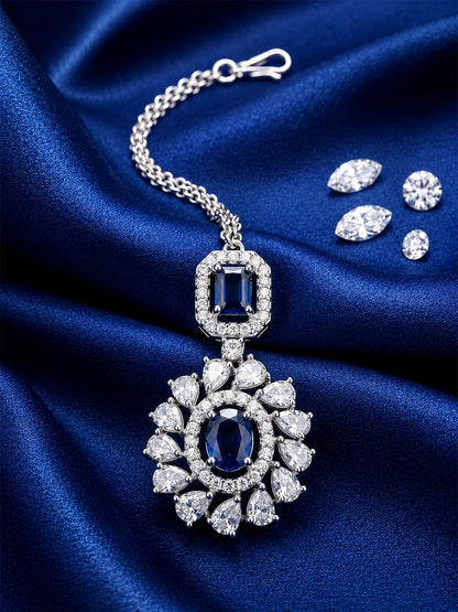 Silver Plated Blue AD Maang Tikka for Women