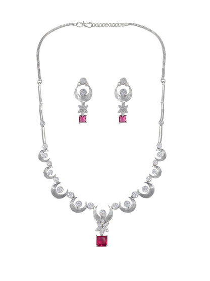Rhodium Plated Red Crescent AD Jewellery Set