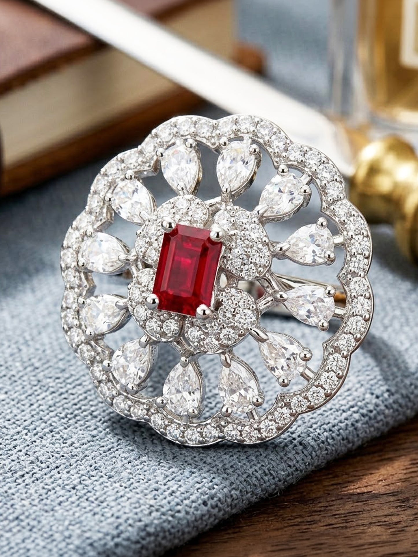 Rhodium Plated Red AD Finger Ring for Women
