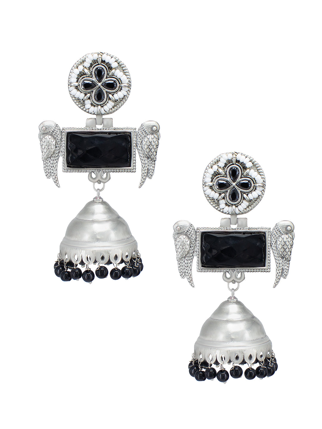 Black Floral Bird Monalisa Stone Jhumka Earrings