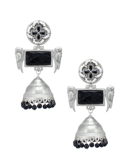 Black Floral Bird Monalisa Stone Jhumka Earrings