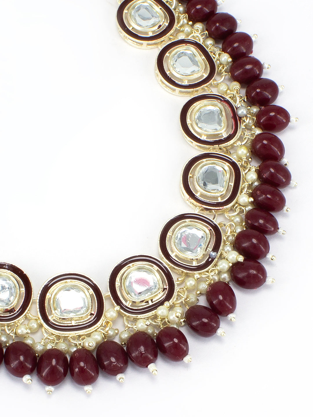 Gold-Plated Red Kundan-Studded & Beaded Jewellery Set