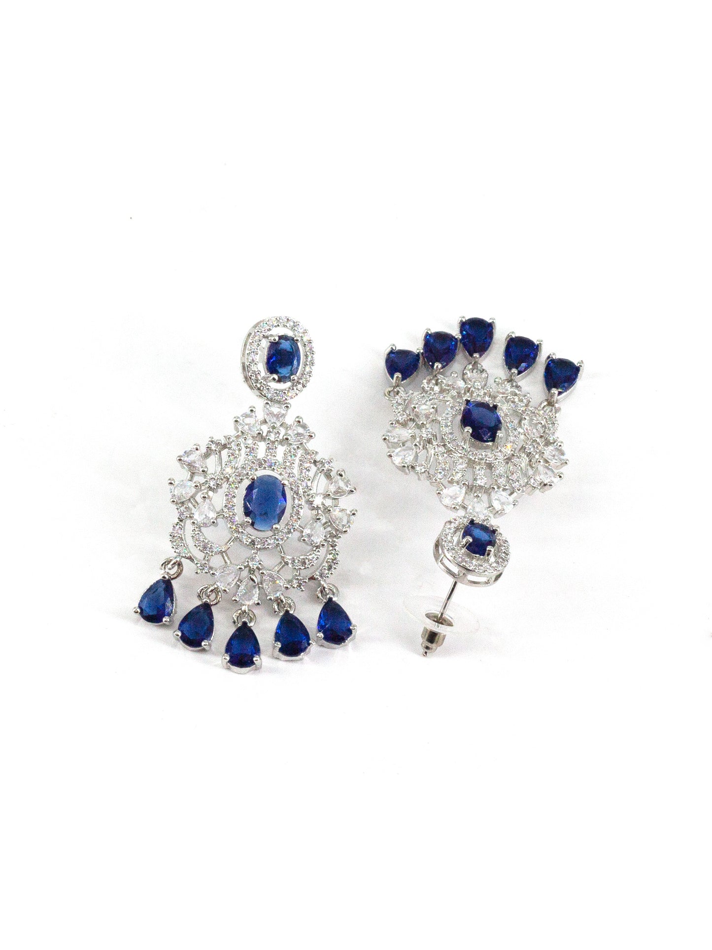 Silver Plated Blue and White AD Long Jewellery Set for Women