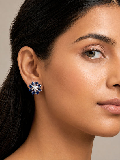 Silver Plated Blue Floral Stud Earrings for Women