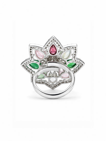 Silver Plated Multi AD Floral Finger Ring for Women