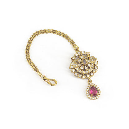 Gold Plated Red AD Maang Tikka for Women
