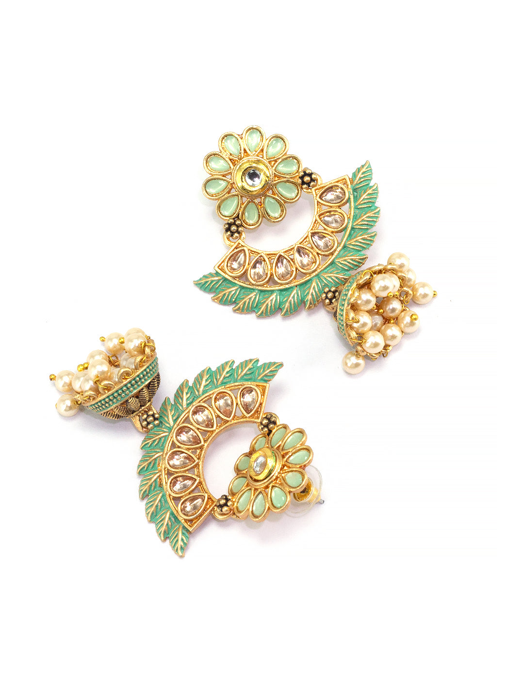 Gold Plated Green Floral Jhumka Earrings
