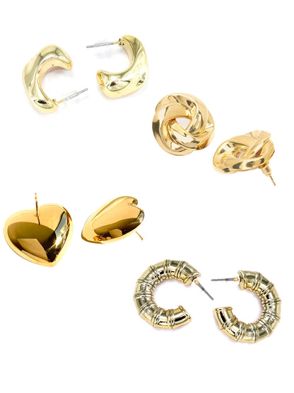 Set of 4 Gold-Plated Quirky Half Hoop & Studs Earrings