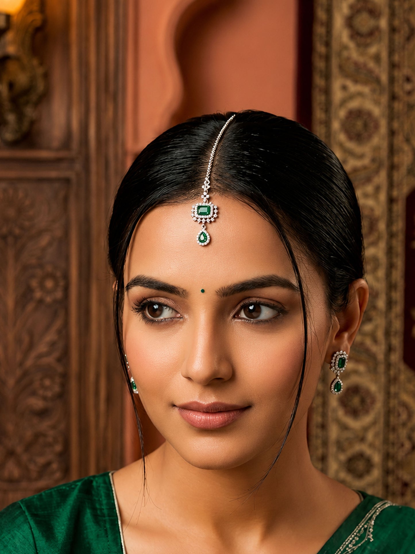 Silver Plated Green AD Maang Tikka for Women