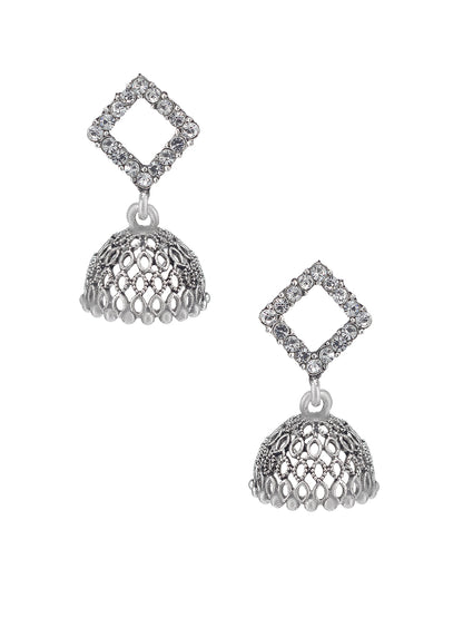 Silver Oxidised Square Shaped CZ Studded Jhumki Earrings