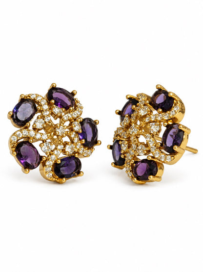 South Indian Gold Plated Purple AD Floral Stud Earrings for Women