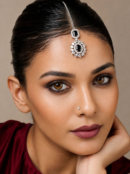 Silver Plated Black AD Maang Tikka for Women