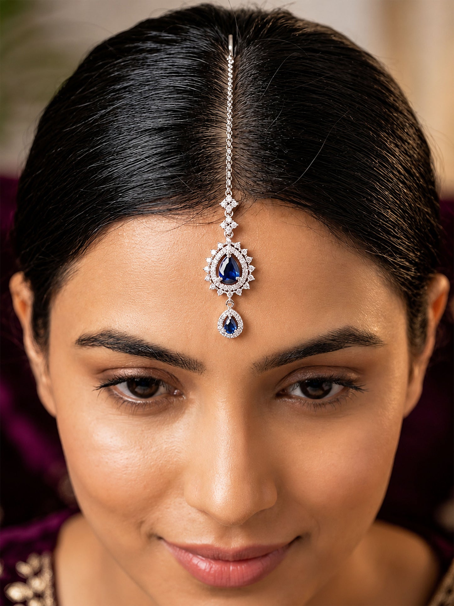 Silver Plated Blue AD Maang Tikka for Women