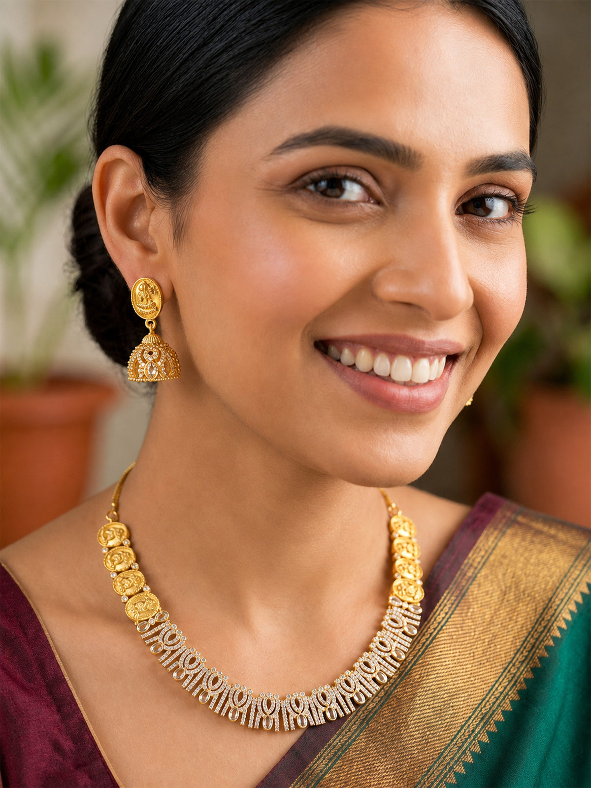 Gold Plated American Diamond Temple Jewellery Set