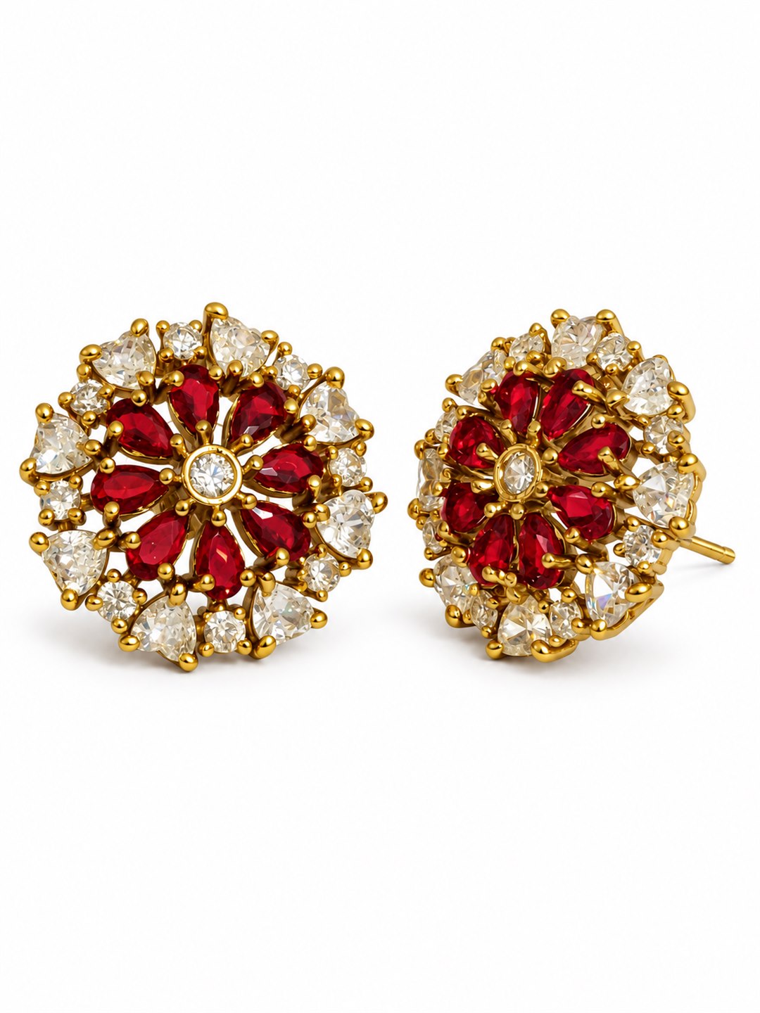 South Indian Gold Plated Red AD Floral Stud Earrings for Women