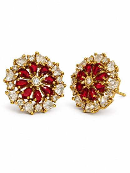 South Indian Gold Plated Red AD Floral Stud Earrings for Women