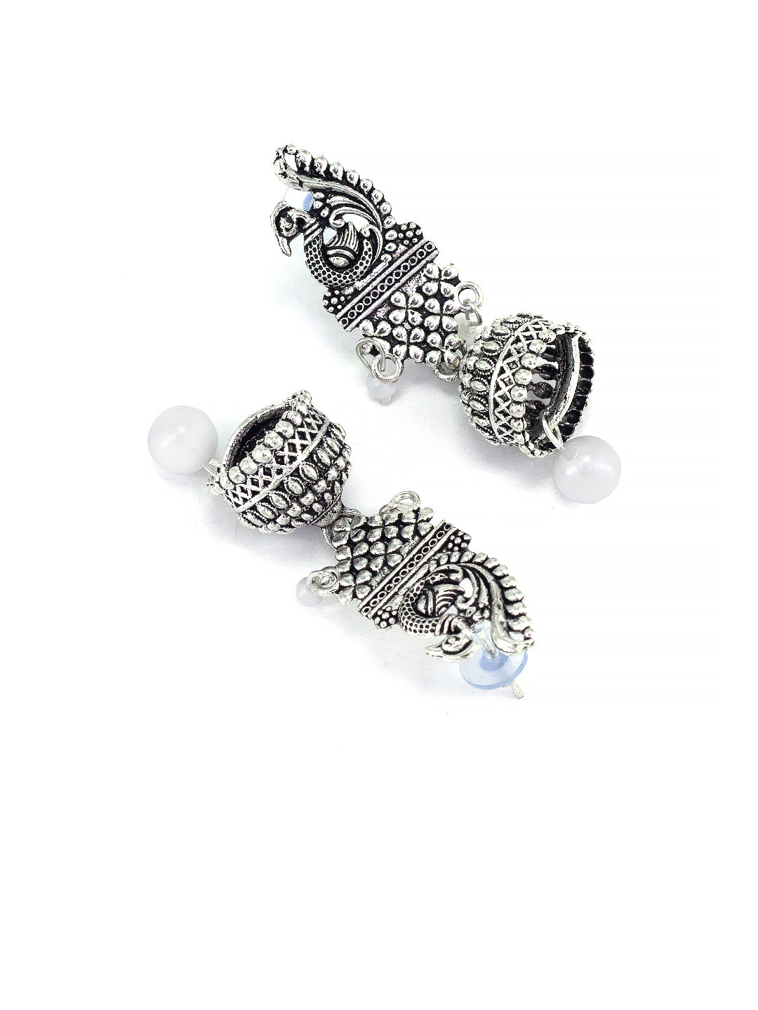 Silver Oxidized Peacock Beads Jhumki Earrings