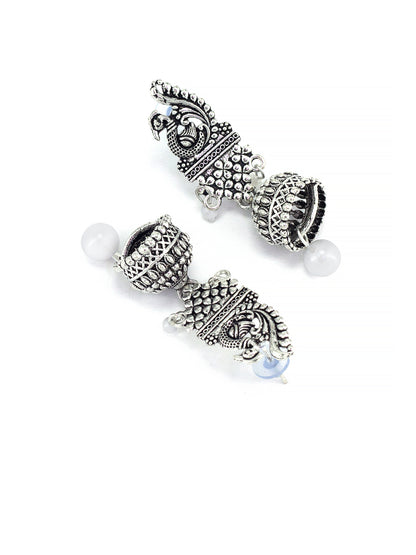 Silver Oxidized Peacock Beads Jhumki Earrings