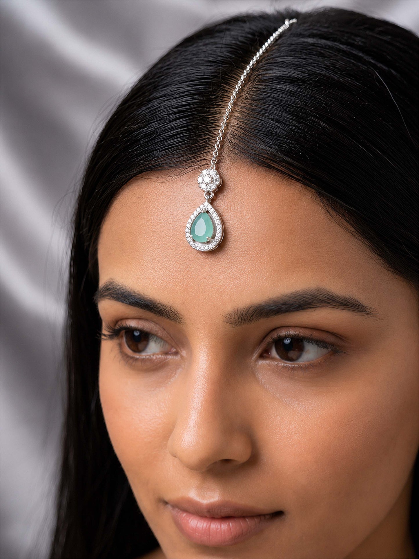 Silver Plated Green AD Maang Tikka for Women
