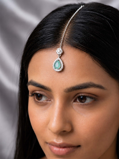 Silver Plated Green AD Maang Tikka for Women