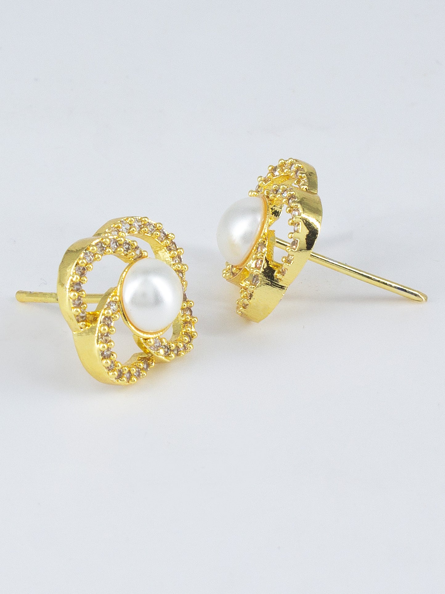 Gold Plated AD & Pearl Floral Designer Stud Earrings for Women