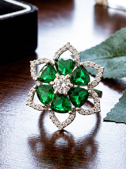 Rhodium Plated Green AD Floral Finger Ring for Women