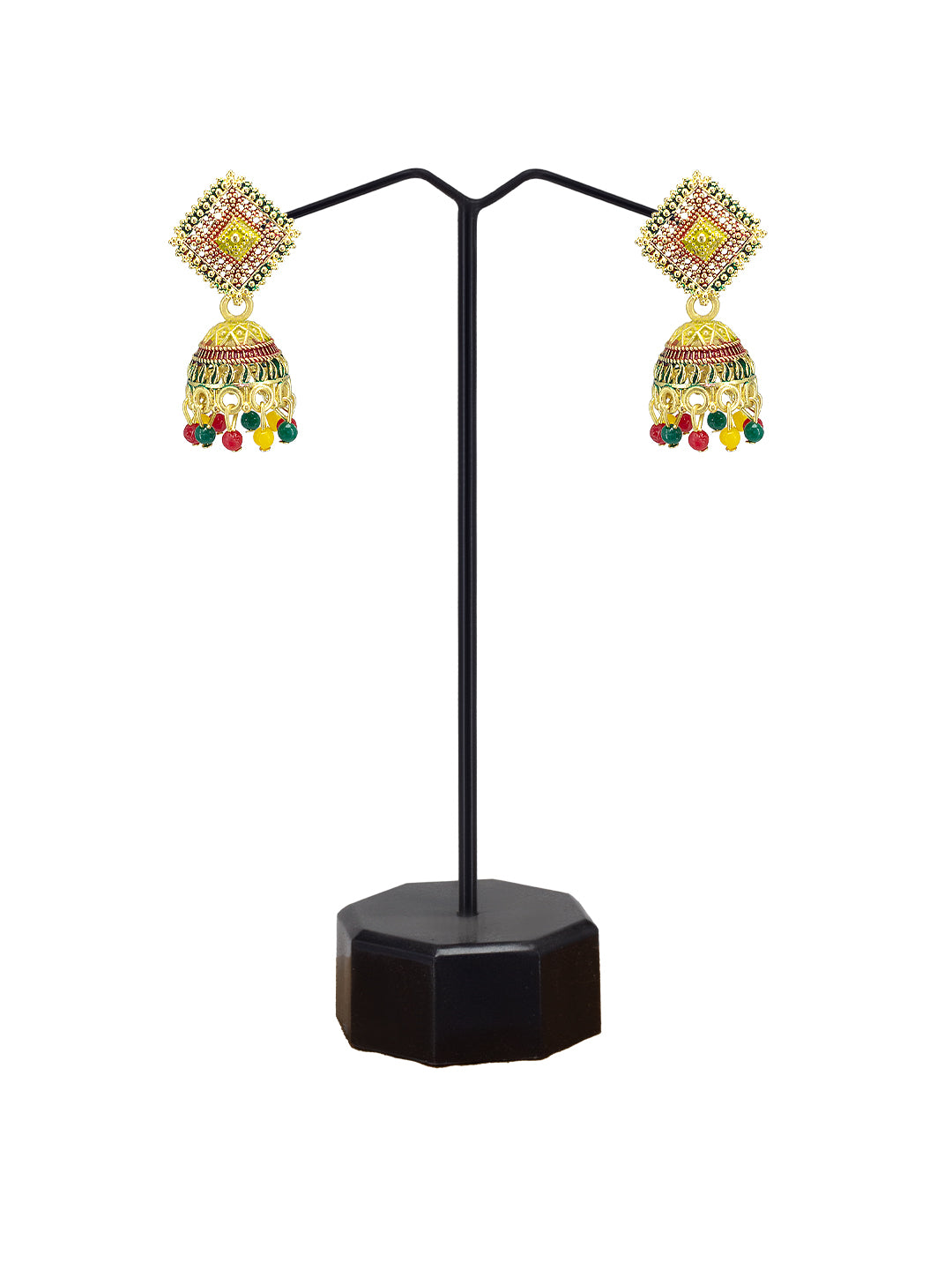 Gold Plated Square Multi Color Artificial Beaded Jhumki Earrings