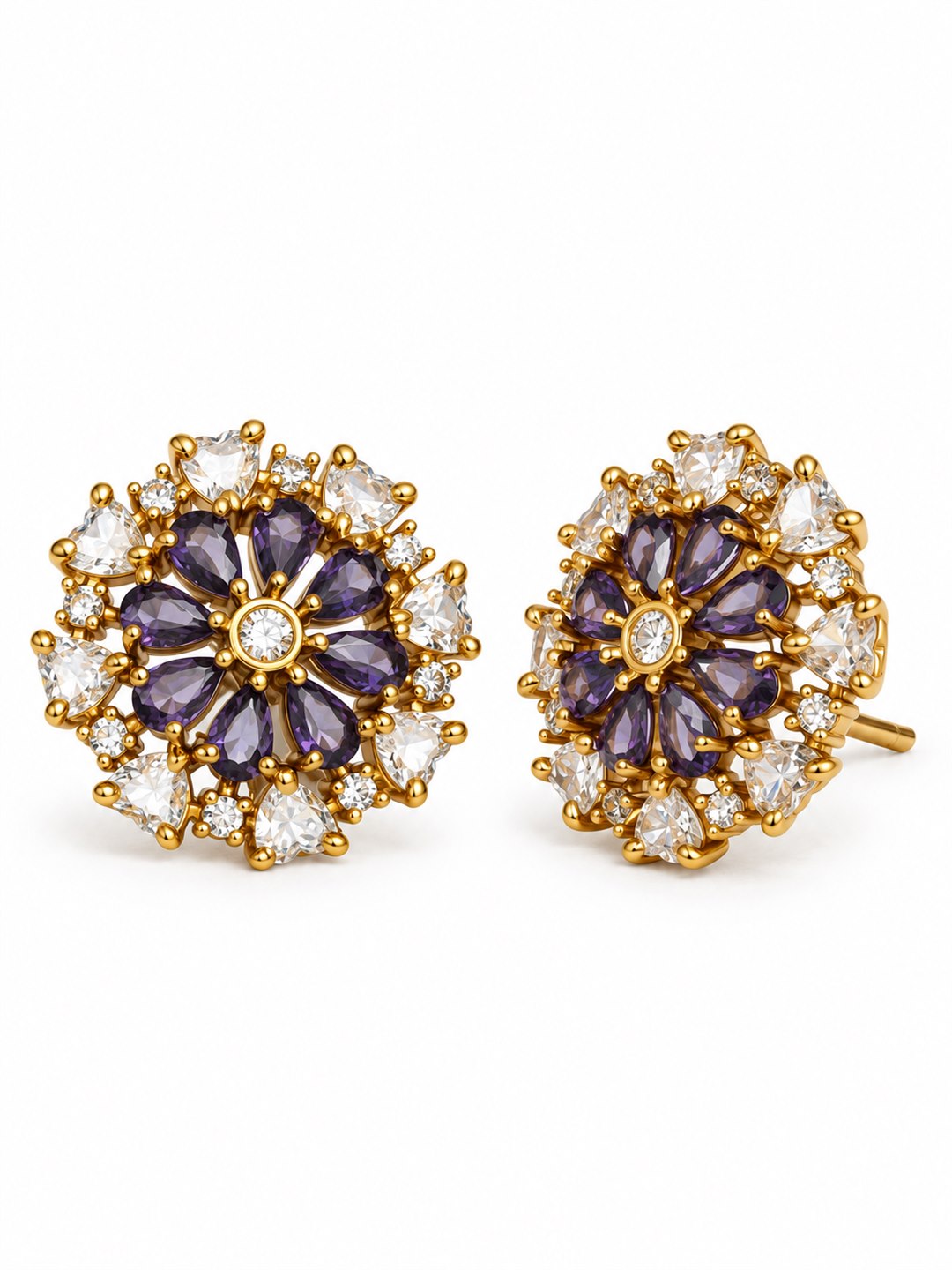 South Indian Gold Plated Purple AD Floral Stud Earrings for Women