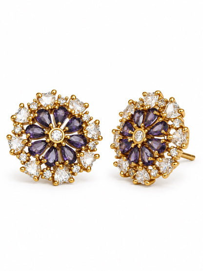 South Indian Gold Plated Purple AD Floral Stud Earrings for Women