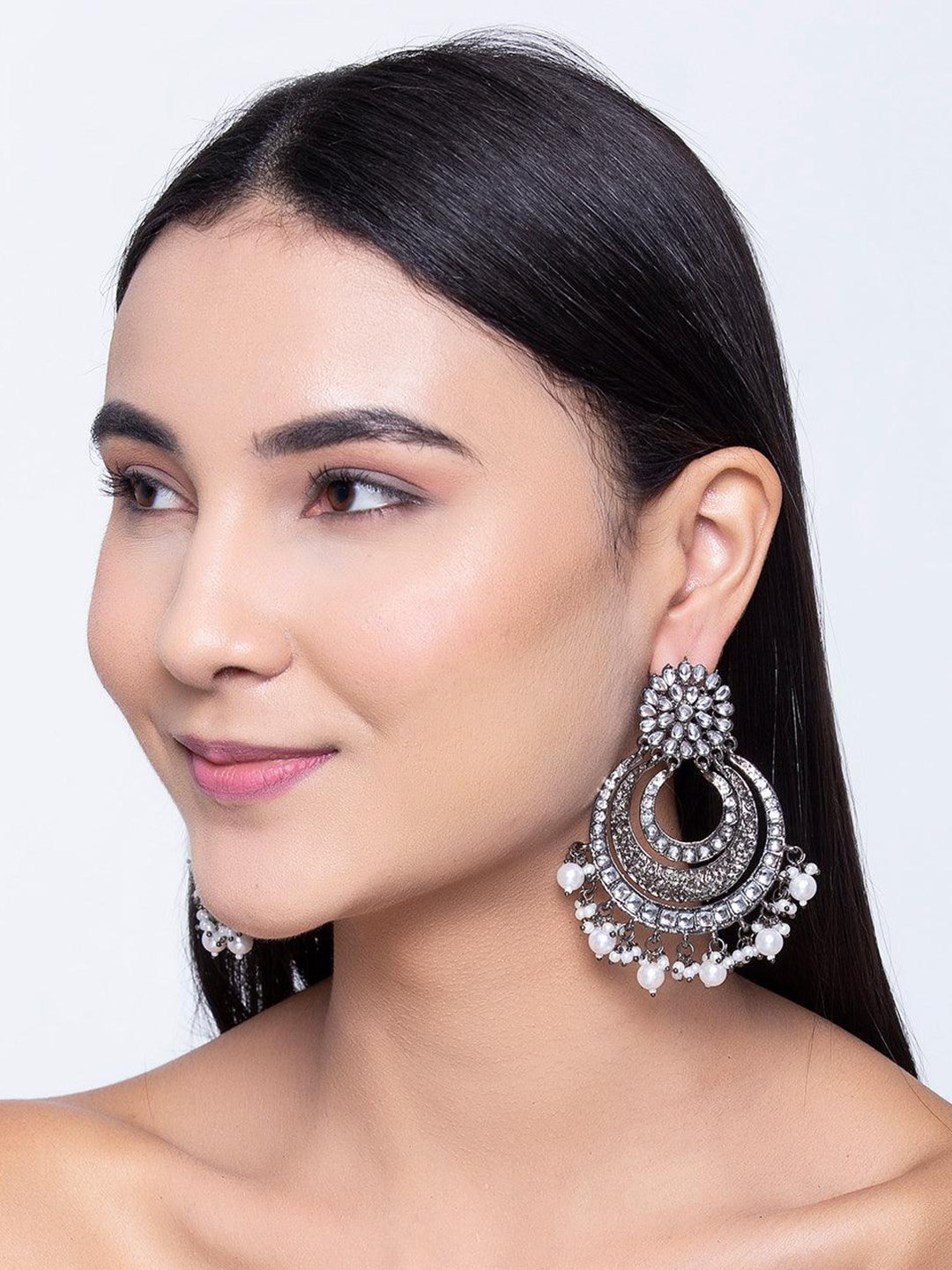 Floral Chandbaali Kundan & Beads Drop Earrings