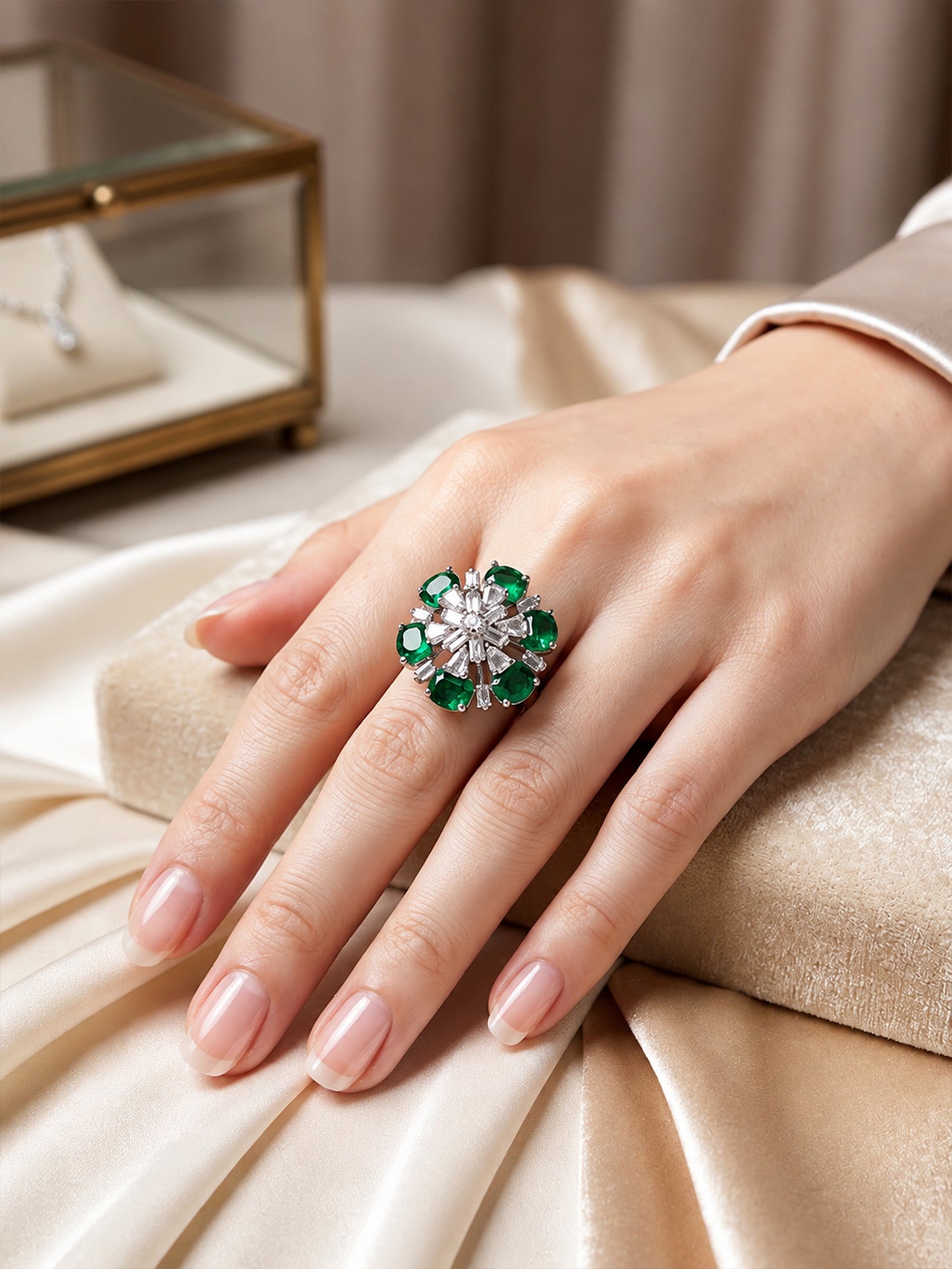 Silver Plated Green AD Floral Finger Ring for Women