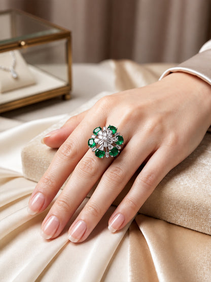 Silver Plated Green AD Floral Finger Ring for Women