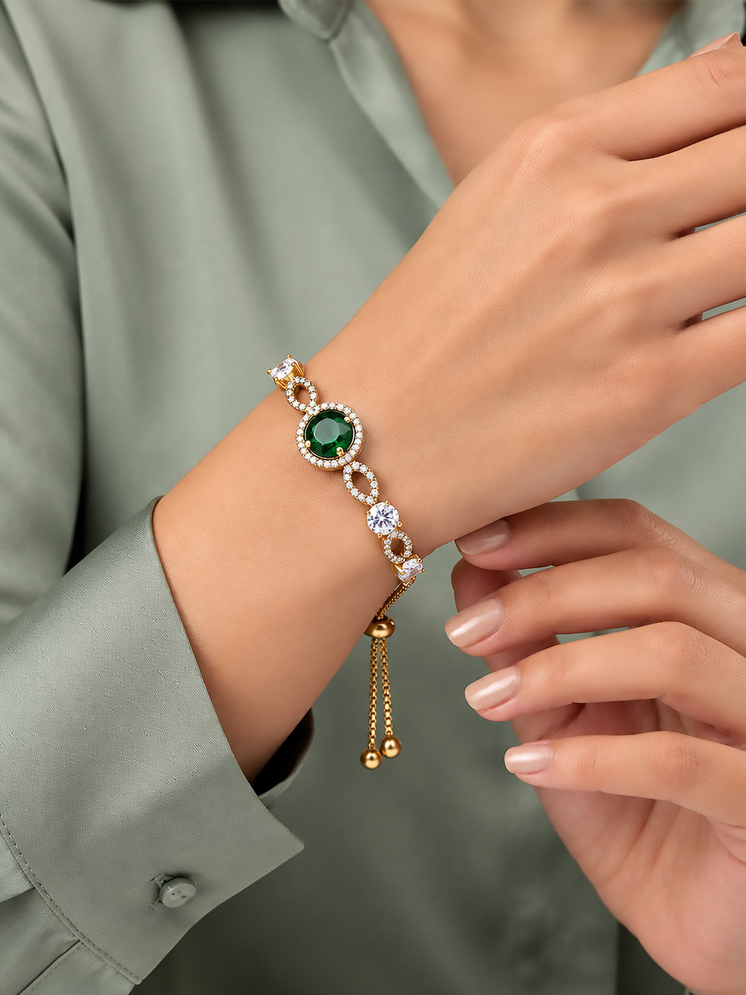 Antique Gold Plated Green AD Adjustable Bracelet for Women