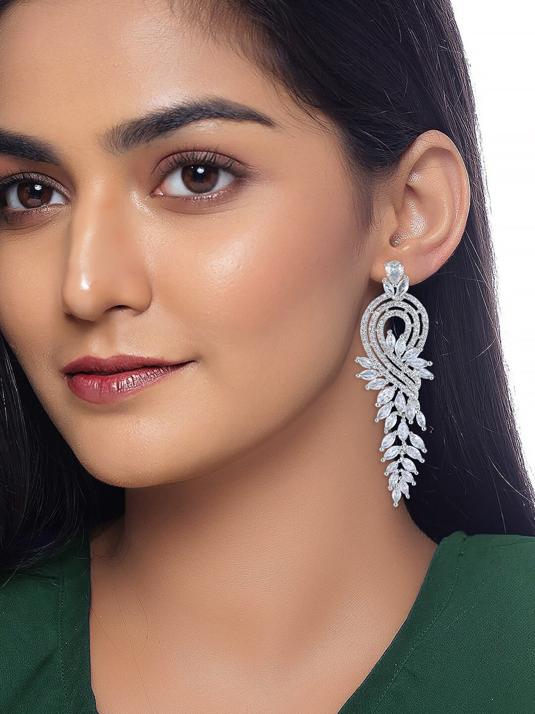 Silver Plated Long Cocktail AD Earrings For Women