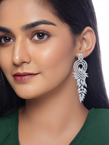 Silver Plated Long Cocktail AD Earrings For Women