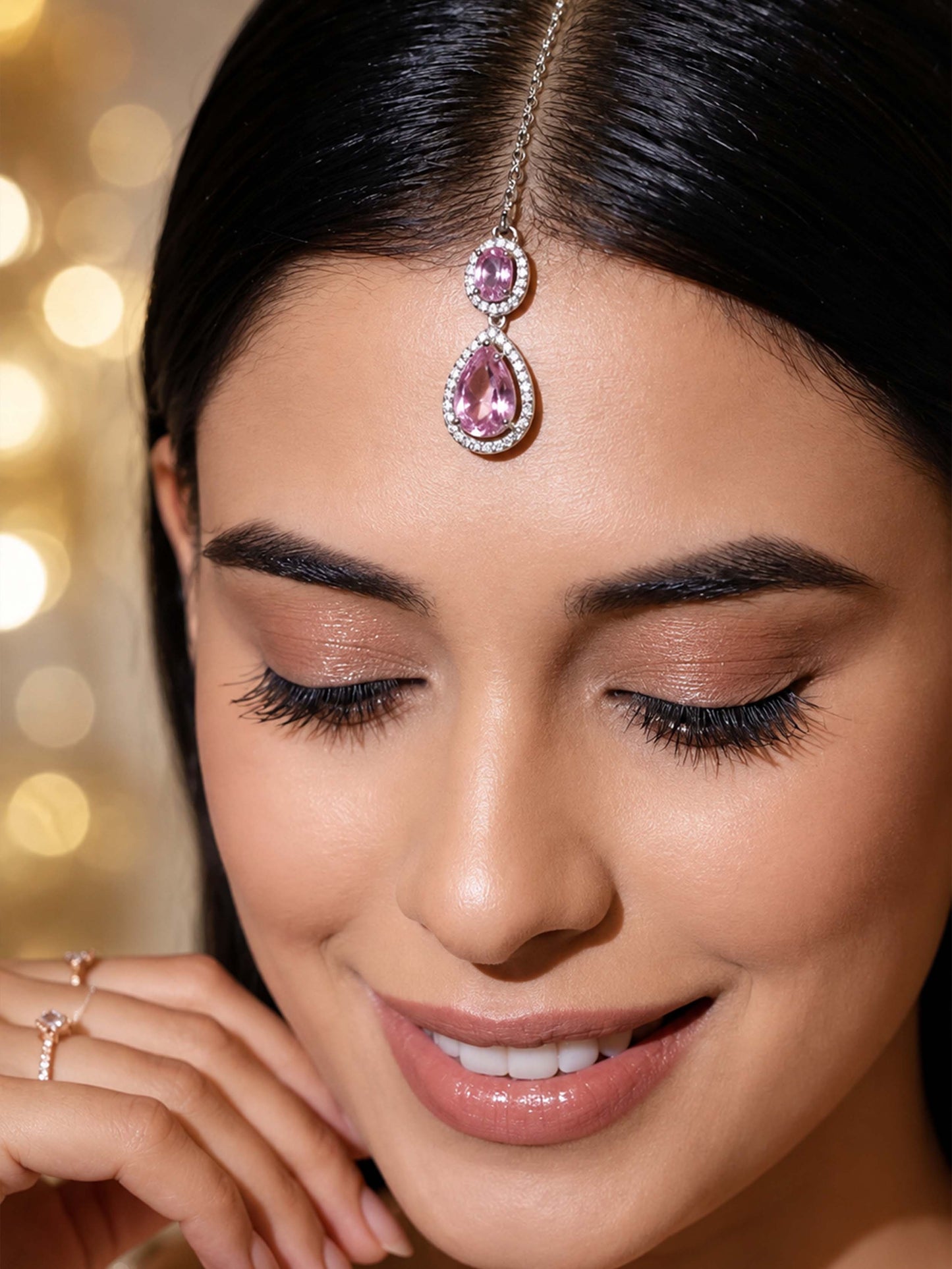 Silver Plated Pink AD Maang Tikka for Women