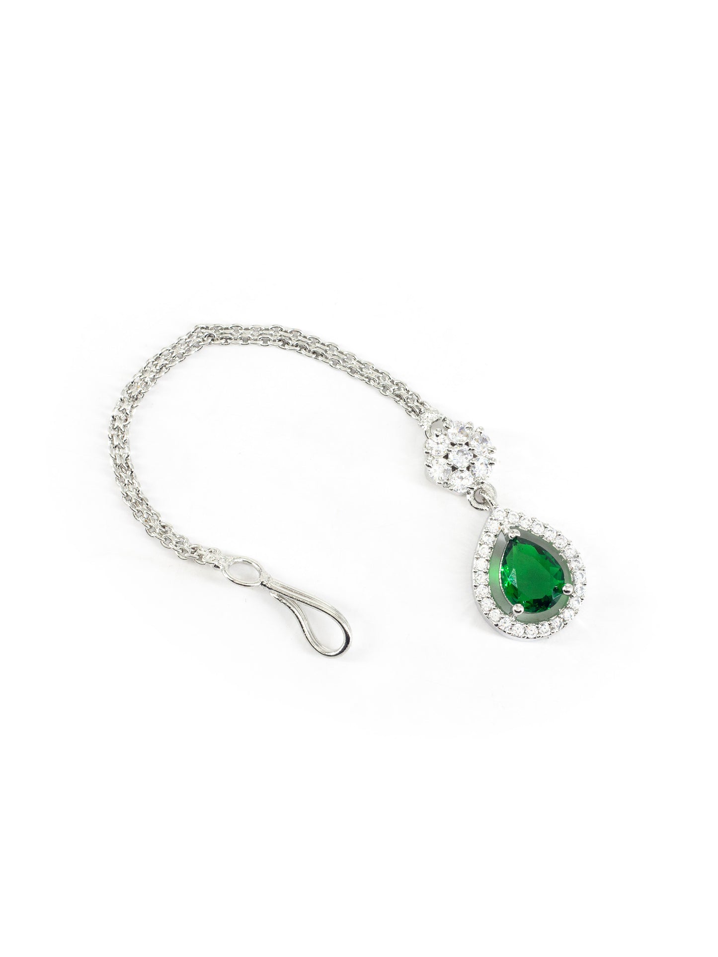 Rhodium Plated Green AD Teardrop Maang Tikka for Women