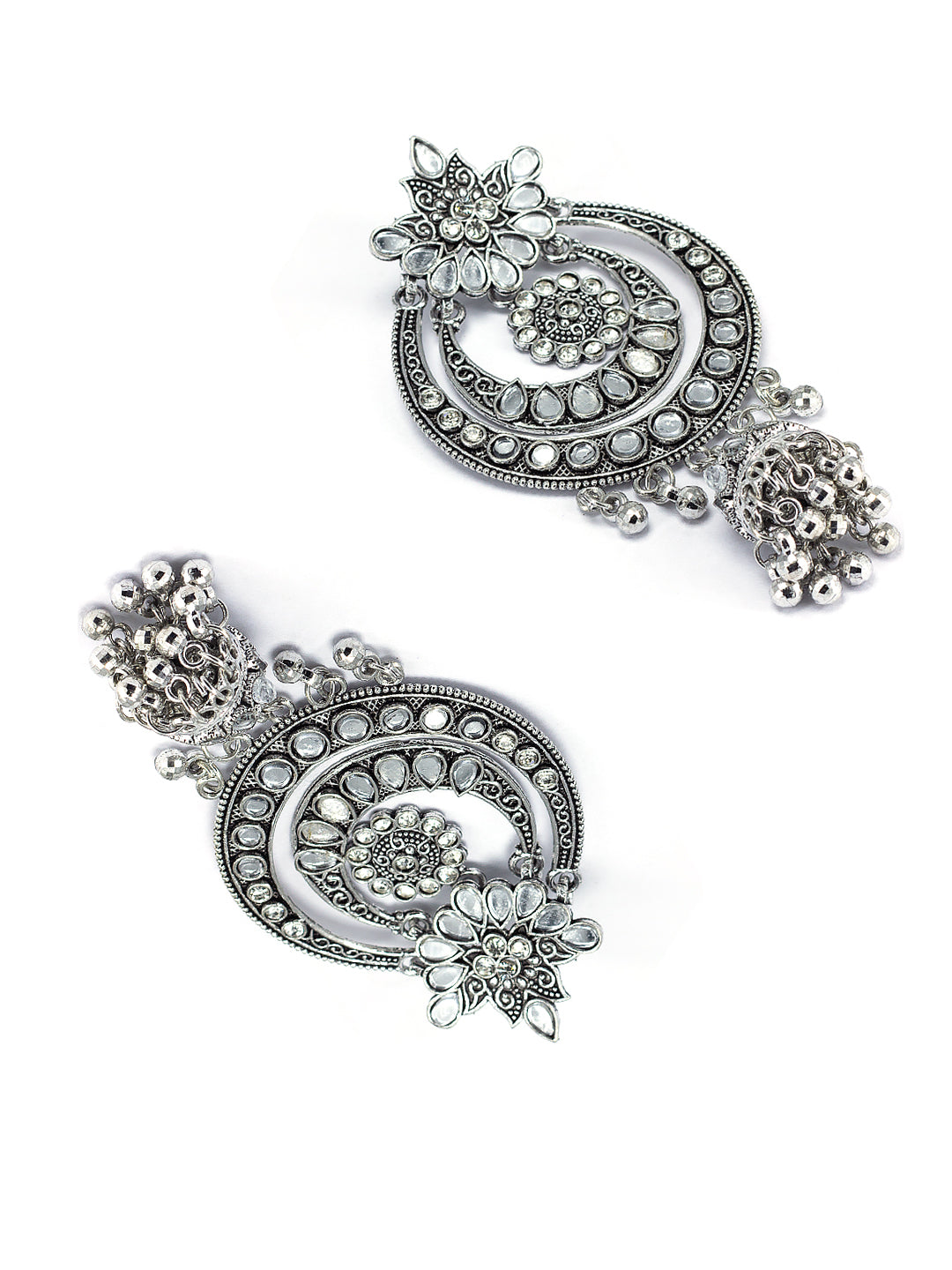 Silver Oxidised Mirror Studded Chandbali Jhumka Earrings