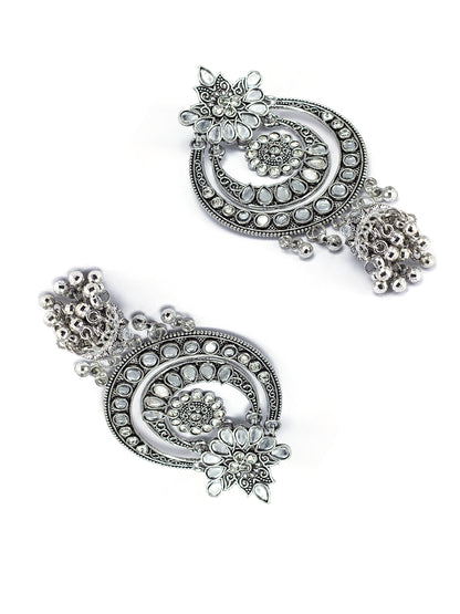 Silver Oxidised Mirror Studded Chandbali Jhumka Earrings