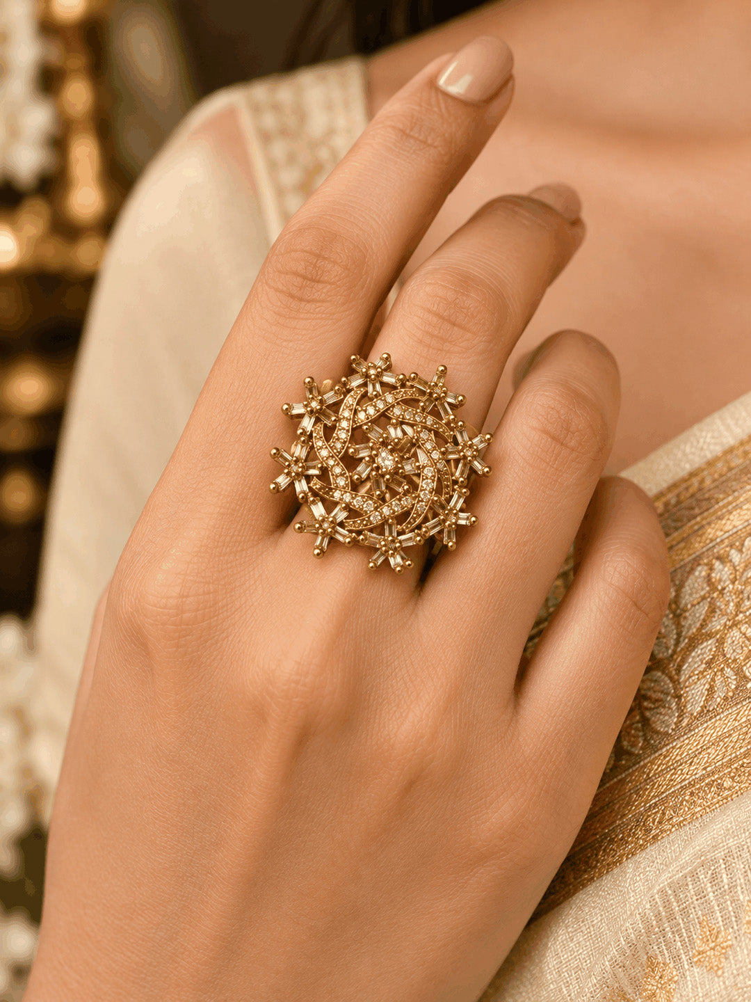Antique Gold Plated AD Finger Ring for Women