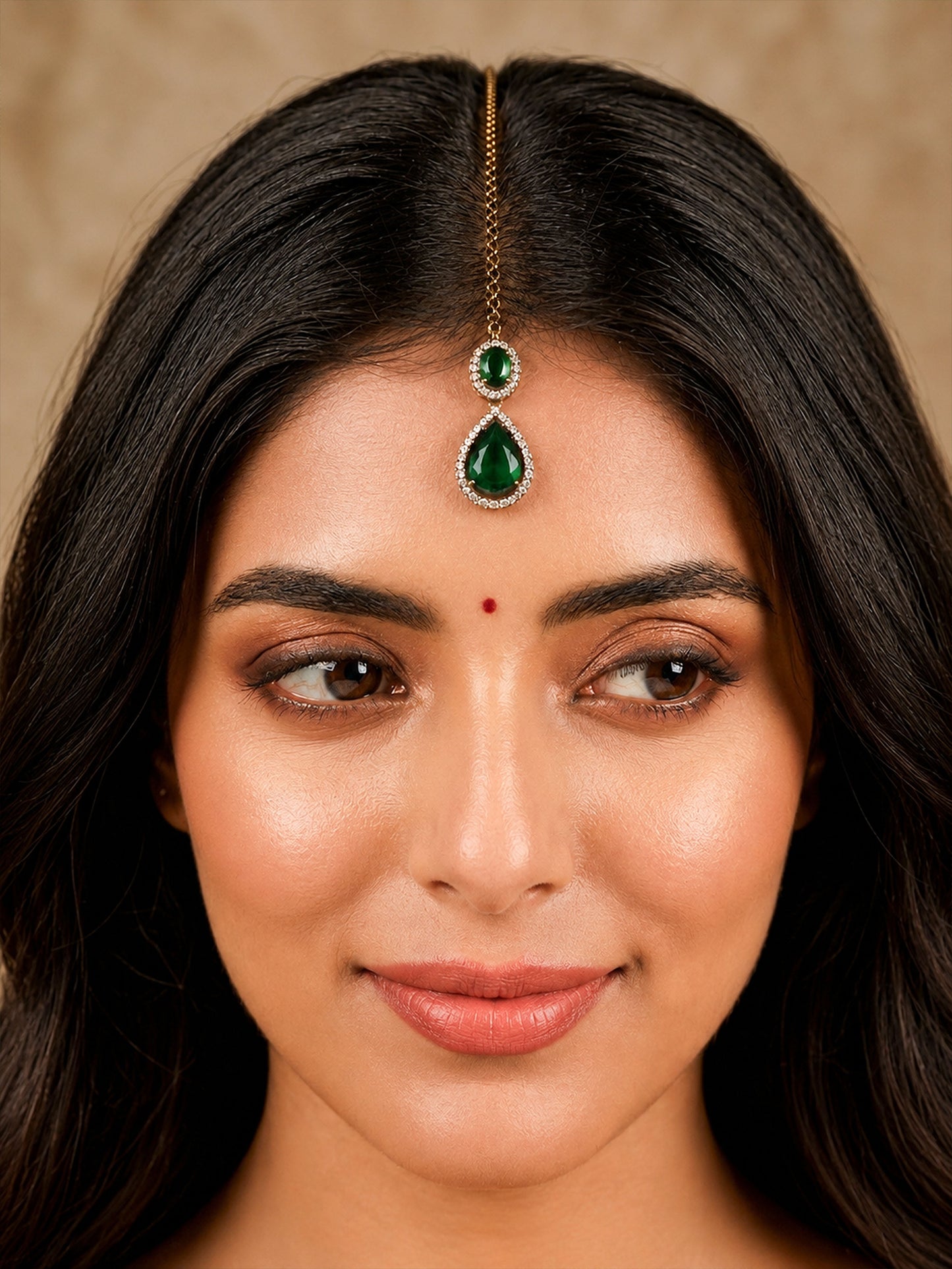 Antique Gold Plated Green AD Maang Tikka for Women