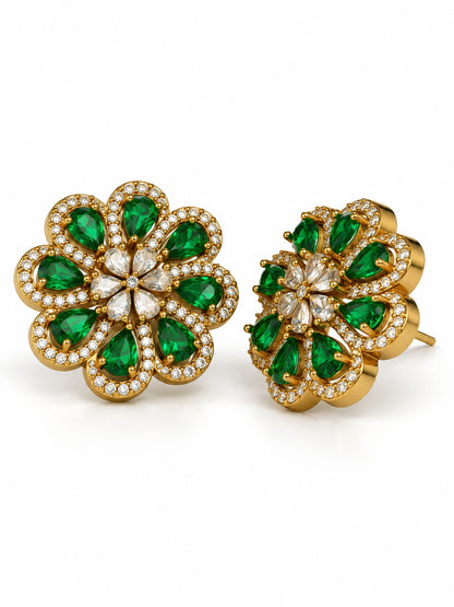 South Indian Gold Plated Green AD Floral Stud Earrings for Women